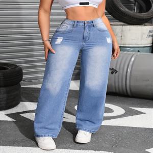 여성용 하이 웨이스트 신축성 있는 지퍼 캐주얼 청바지 찢어진 스트레이트 레그 와이드 팬츠 미디엄 스트레치 코튼 블렌드 사계절 뉴트럴 루즈
