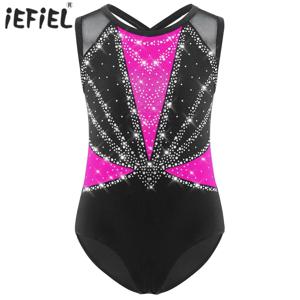 키즈 여자 발레 댄스 레오타드 체조 공연 의상 민소매 십자가 뒤로 라인 석 메탈릭 스케이트 바디 슈트