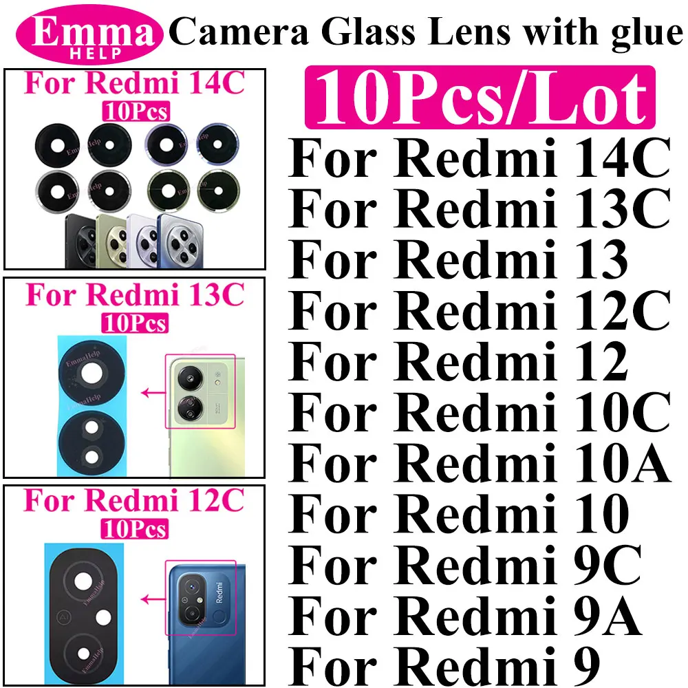 10Set 후면 카메라 유리 렌즈 Xiaomi Redmi 12 13 14C 10A 10C 12C 9A 9C NFC 9Prime 10Prime 메인 카메라 유리 렌즈 (스티커 포함)