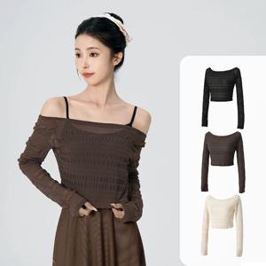 Ivoogle 성인 오프 숄더 셔링 메쉬 탑과 스택 슬리브 천연 주름 루즈 스트레이트 레그 발레 바지 캐주얼 세트