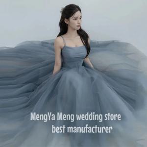 주시슈 더스티 블루 한국 A라인 이브닝 드레스 사진 촬영 러플 티어드 페어리 튤 이브닝 가운 맞춤 코르셋 프롬 드레스