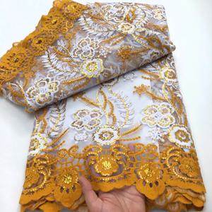 노란색 우유 실크 메쉬 레이스 원단 스팽글 프랑스 신부 드레스 자수 아프리카 레이스 원단 2025 고품질 그물 소재 A4426