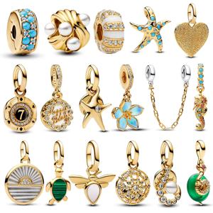 럭셔리 925 스털링 실버 골드 불가사리 & 골드 복숭아꽃 댕글 참 오리지널 팔찌 DIY 쥬얼리 액세서리