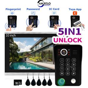 ANJIELO 지문 인식 5in1 잠금 해제 초인종 비디오 인터콤 시스템 가정용 비주얼 도어폰 투야 스마트 1080P 보안 보호