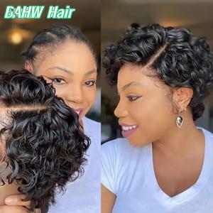 13x4 레이스 가발 사이드 파트 픽시컷 가발 100% 버진 헤어 사이드 파트 브라질리언 워터 웨이브 밥 가발 투명 레이스 (흑인 여성용)