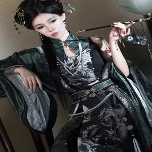 새로운 중국 스타일 국가 스타일 한 요소 인쇄 송 바지 탑 검은 녹색 겉옷 Hanfu Suit Cos Cosplay