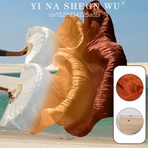 100% 실크 벨리댄스 실크 베일 롱 팬 핸드 다이 여성 교회 찬양 벨리댄스 공연 소품 가벼운 웨이트 플로위 1개/1쌍