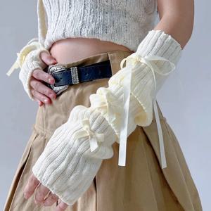 여성 Y2K 패션 펑크 암워머 보우 매듭 소프트 니트 장갑 여성 소녀 하프 핑거 미튼 단색 두꺼운 팔 슬리브