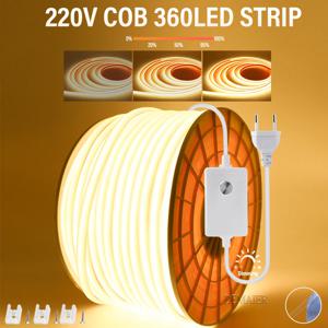 220V 스위치/디밍 가능 방수 COB 360LED 스트립 EU 플러그 (실내외 방 백라이트, 정원, 주방, TV용)