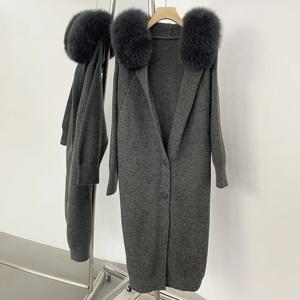 OFTBUY 여우털 퍼 칼라 가을 가디건 크롭 스웨터 가디건 후드 봄 특가 니트 여성 리얼 퍼 스웨터 여성용