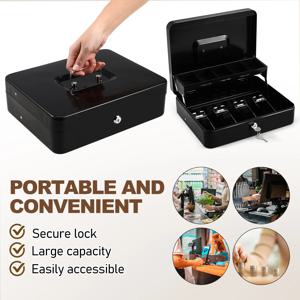 1세트 블랙 메탈 휴대용 현금 상자, 잠금식 안전 보관함 소규모 사업체, 소매점 및 개인 돈 절약용