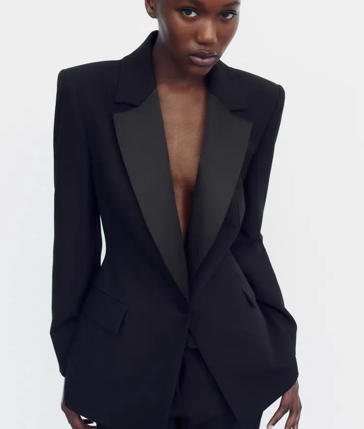 실크 새틴 텍스처 드레스 스타일 패치워크 수트 재킷 칼라 가을 신상 여성용 긴팔 출퇴근 스타일 패션