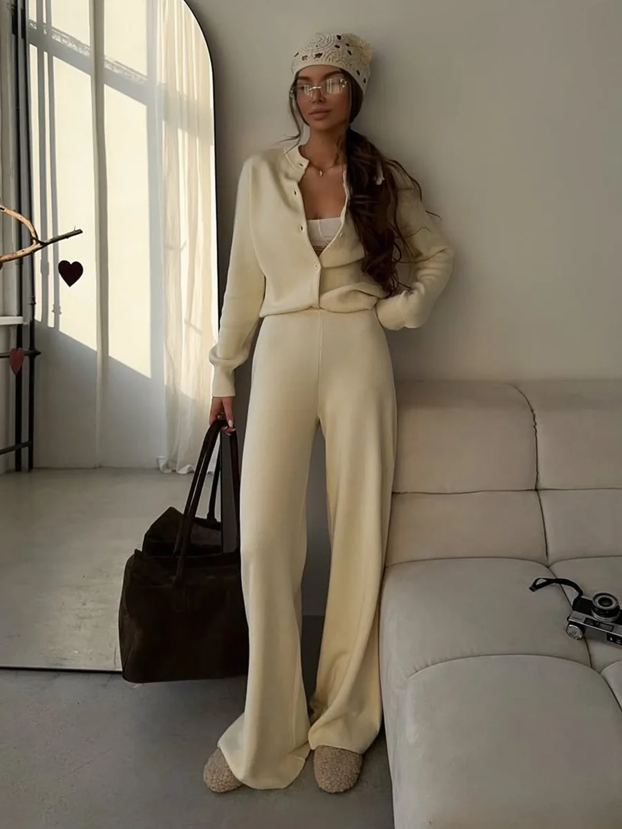 블루벨 여성용 신상 가을 겨울 니트 가디건 팬츠 세트 슬림핏 긴팔 긴바지 심플 단색 스웨터 슈트