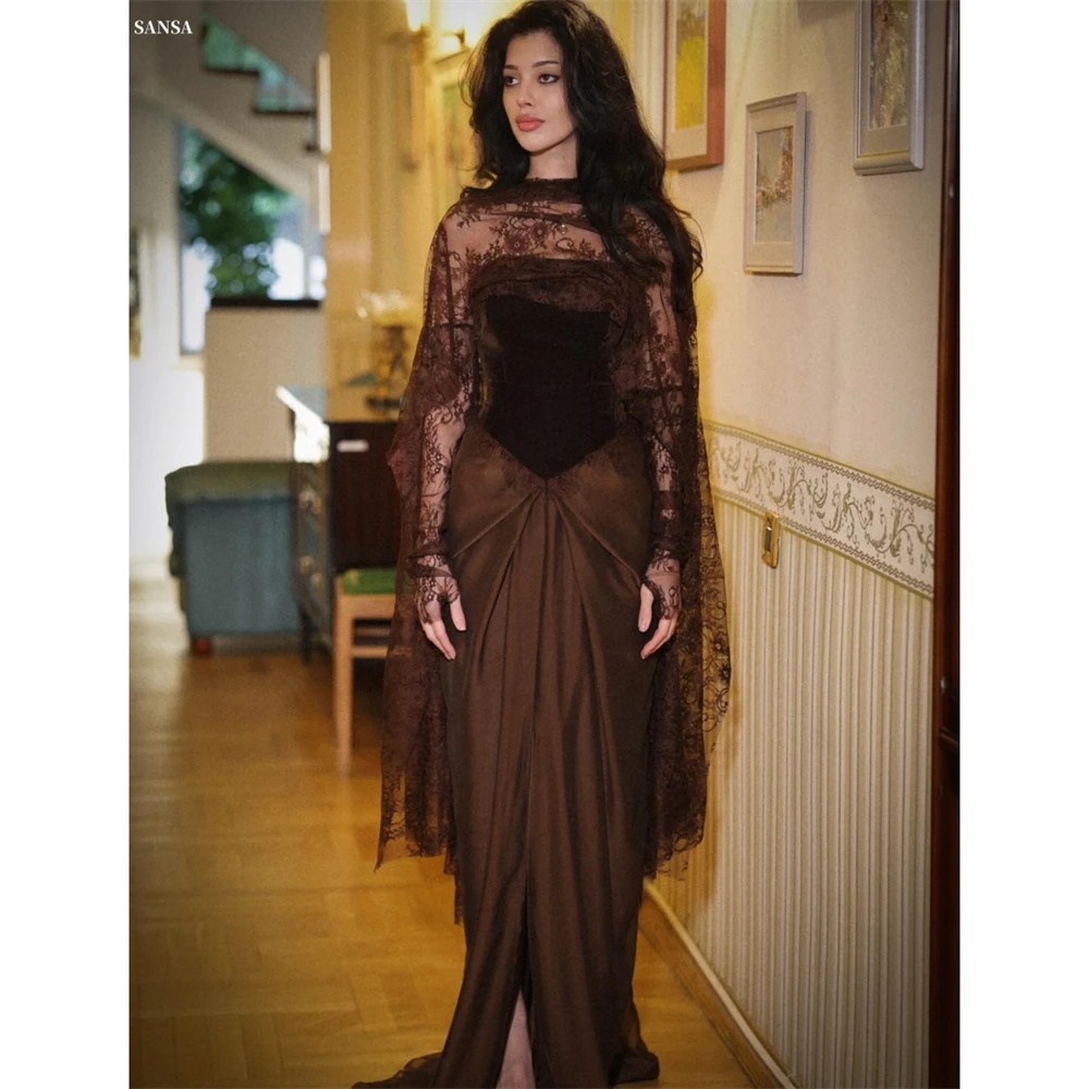 산사 맞춤형 브라운 프론트 스플릿 트럼펫 사이드 스플릿 프롬 드레스 플리츠 숄 포함 롱 드레스 이브닝 드레스
