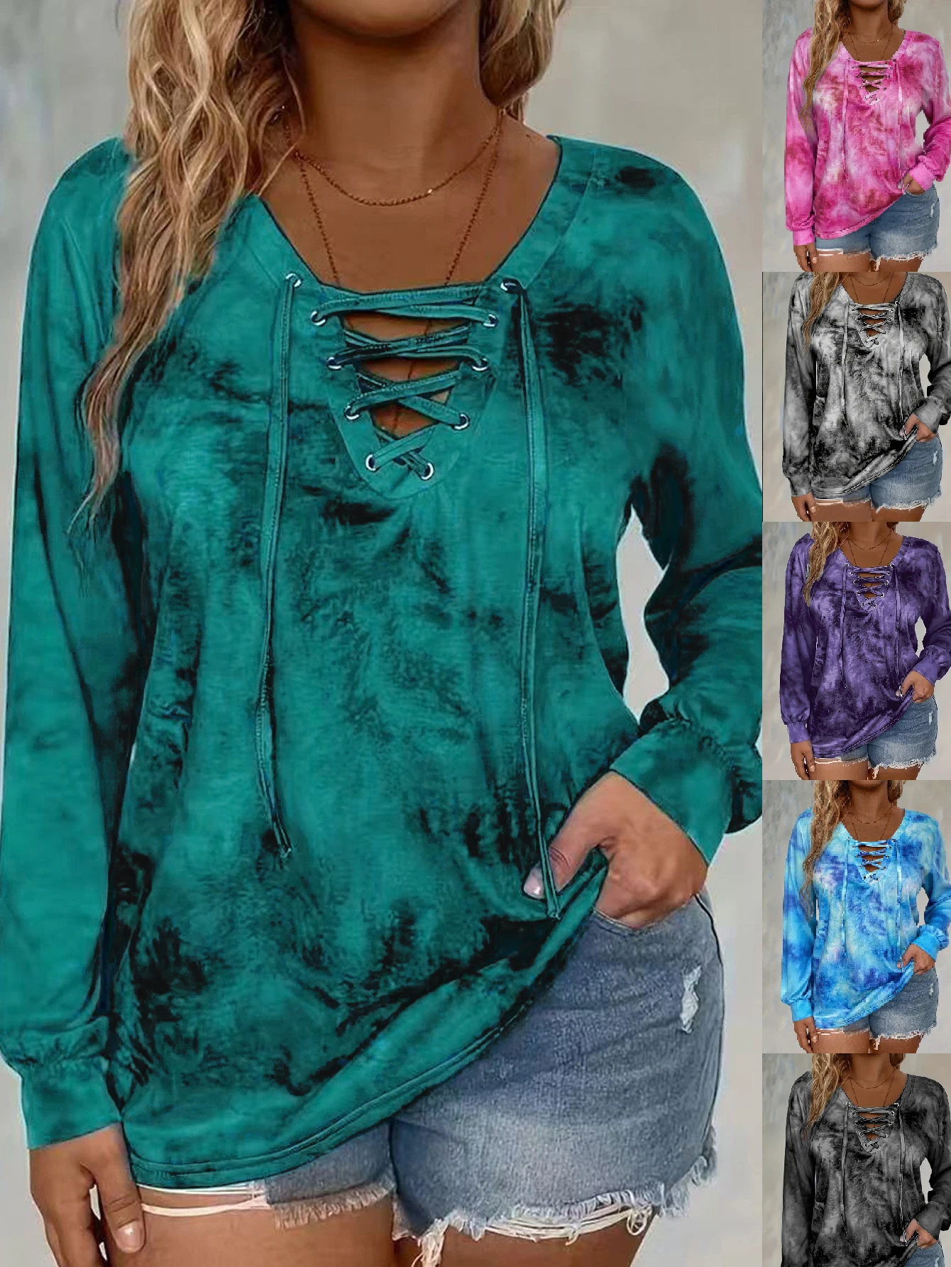플러스 사이즈 여성용 타이다이 프린트 긴팔 티셔츠 폴리에스터 니트 원단 우아한 레이스업 캐주얼하고 편안함