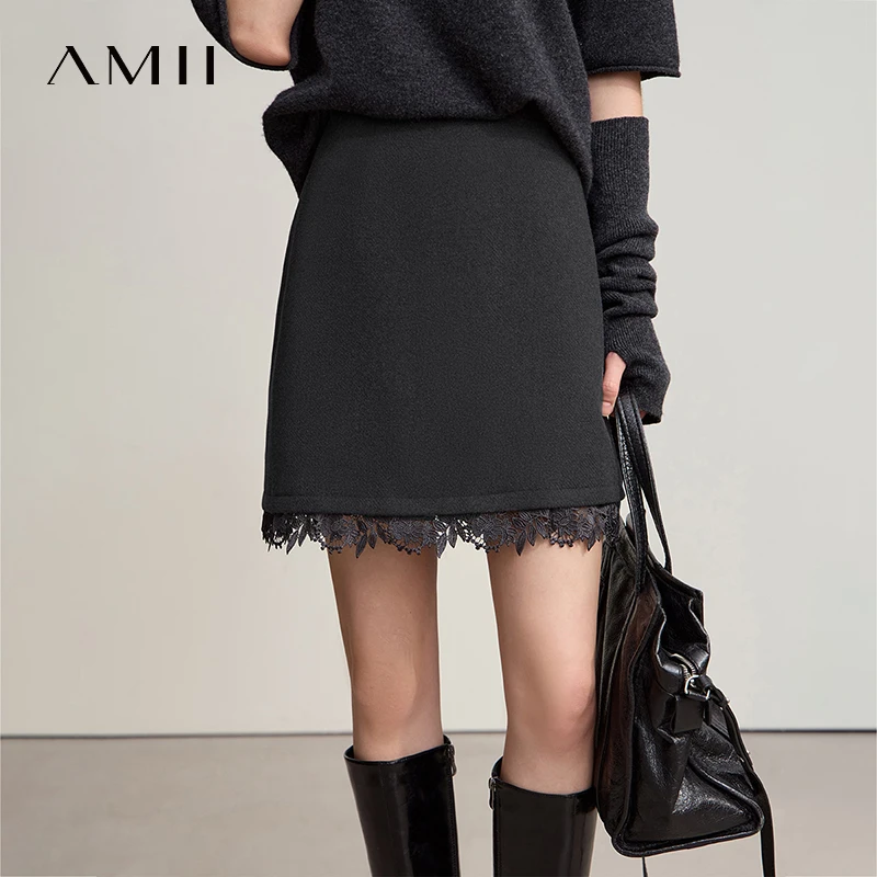 AMII 미니멀리스트 미니 스커트 2025 겨울 신상 짧은 울 따뜻한 스커트 여성용 패치워크 레이스 캐주얼 솔리드 의류 여성용 12544125