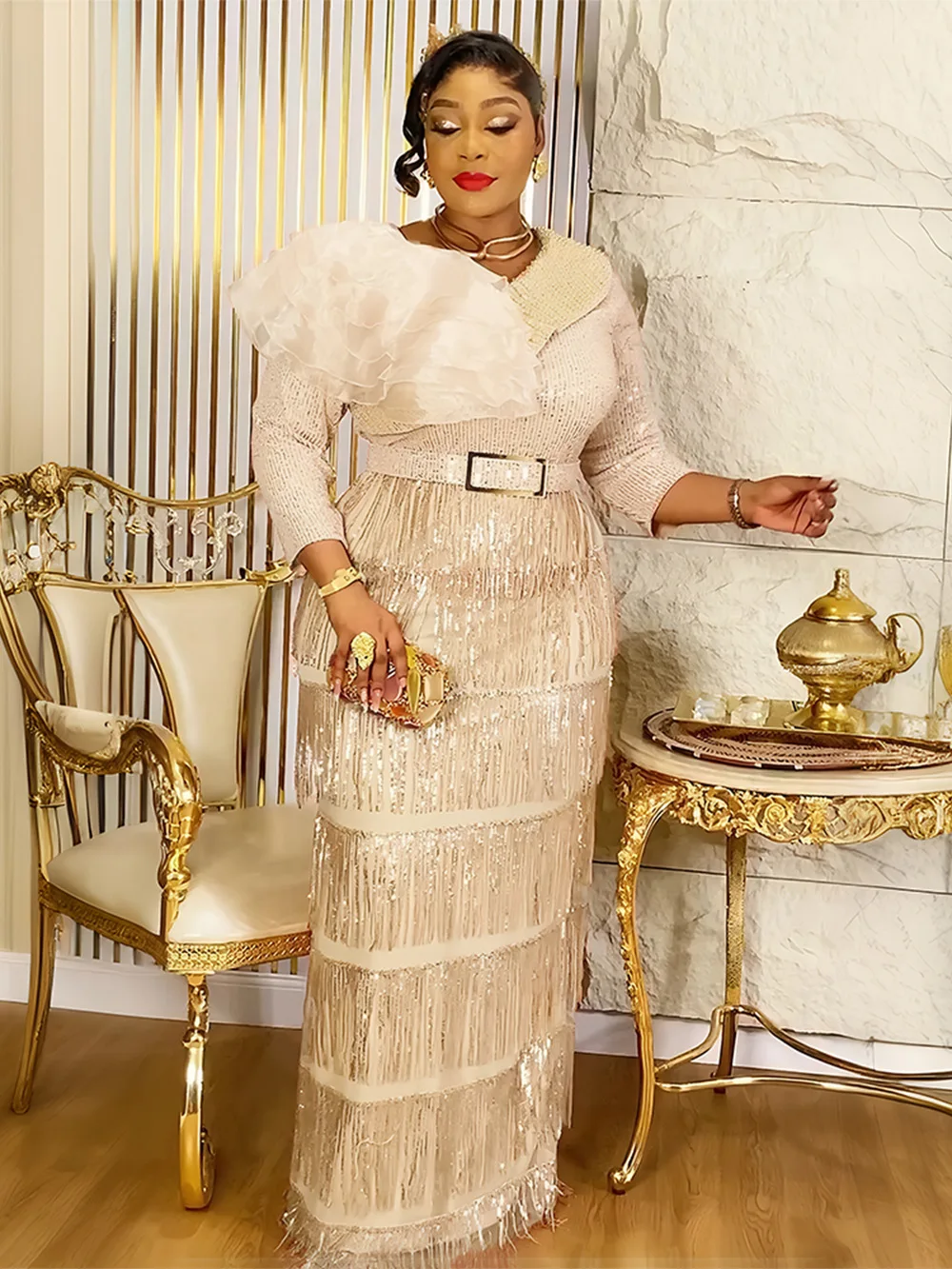 여성용 아프리카 드레스 고급 다시키 스팽글 태슬 맥시 로브 웨딩 파티 생일 이브닝 가운 2025 아프리카 의류 드레스