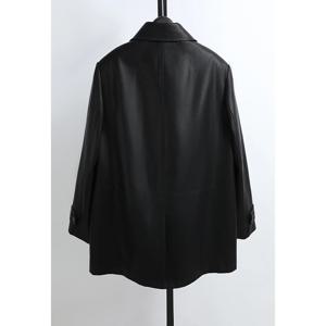 캐주얼 스타일 루즈핏 PU 가죽 재킷 여성용 중간 길이 스트레이트 컷 칼라 코트 가을 신상품 아웨이 패션