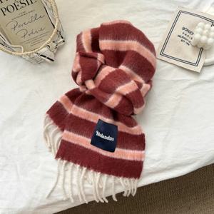 두꺼운 레트로 스트라이프 울 스카프 여성용 한국 스타일 겨울 따뜻한 캐시미어 대형 숄 분위기 있는 넥 워머