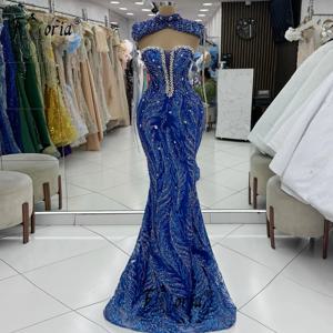 우아한 블루 머메이드 파티 드레스, 긴 태슬, 진주, 크리스탈 이브닝 프롬 드레스, 비즈 장식 웨딩 게스트 드레스, 갈라 드레스