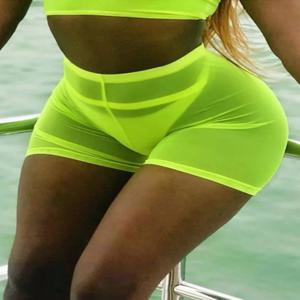 OMSJ 새로운 하이 웨스트 여성 섹시한 네온 그린 핑크 원근법 메쉬 쉬어 수영 반바지 비키니 하단 커버 솔리드 비치웨어