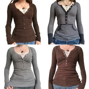 빈티지 레이스 패치 워크 귀여운 코튼 티셔츠 여성 한국 패션 버튼 요정 그런지 Y2K 의류 캐주얼 봄 가을 레트로상의