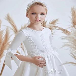 여아용 화이트 새틴 우아한 꽃 소녀 원피스, 웨딩 반팔 레이스, 리본 볼 가운, 첫 성찬식 드레스, 2024