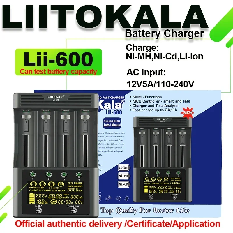 LiitoKala Lii-600 3.7V 3.85V 리튬 이온 18650 1.2V 1.5V Ni MH AA AAA 3.2V/3.65V LiFePO4 충전식 스마트 수리 LED 충전기