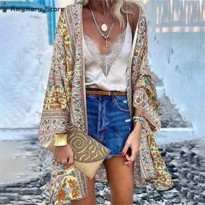새로운 여름 보헤미안 비치 프린트 카디건 재킷 긴 소매 레저 휴가 비치 수영복 블라우스 숄 롱 코트 M-5XL