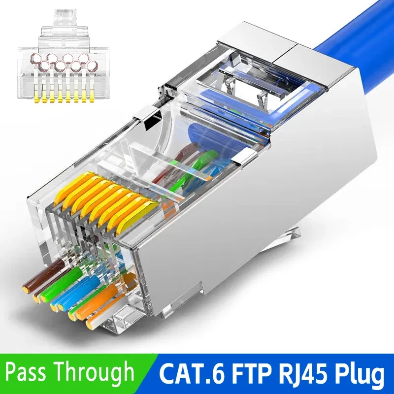 Cat6 통과형 차폐 RJ45 모듈러 플러그 금도금 8P8C RJ45 엔드 네트워크 커넥터 UTP STP 단선 및 연선용