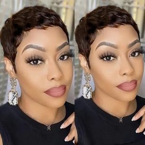 갈색 짧은 픽시 인간의 머리 가발 흑인 여성을위한 갈색 짧은 가발 전체 기계 제작 가발 짧은 갈색 가발 픽시 컷 가발