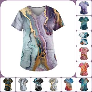 여성 간호사 유니폼, 스타라이트 패턴, 3D 프린트, V넥 포켓, 의료 유니폼, 패션 간호 스크럽 유니폼, 여성 작업복