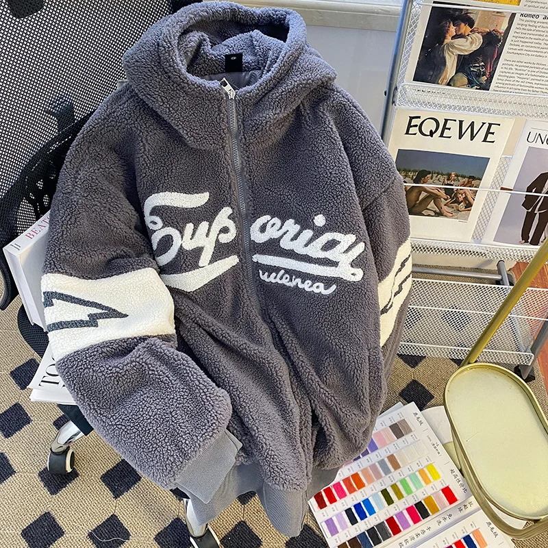 양털 벨벳 재킷 남성용 가을 겨울 두꺼운 따뜻한 면 코트 트렌디한 루즈 후드 플리스 커플 면 의류