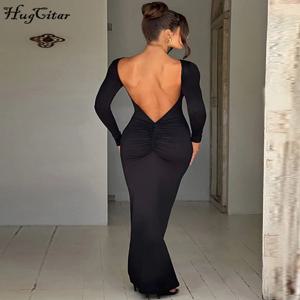 Hugcitar 봄 우아한 긴 소매 Backless 솔리드 Cuched 섹시한 Bodycon 맥시 댄스 파티 드레스 여성 복장 저녁 파티 축제 Y2K
