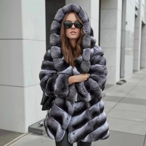 여성용 모피 코트, 친칠라 모피, 리얼 렉스 토끼 모피 코트, 후드 포함, 럭셔리 브랜드, 겨울