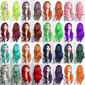 Soowee 70cm 긴 합성 가발 핑크 퍼플 코스프레 가발 물결 모양의 할로윈 의상 머리 가짜 헤어 피스 여성용