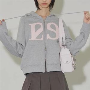 루즈 캐주얼 자수 지퍼 후드 재킷 스트리트 스타일 긴 소매 면 00% 레터 패턴 패셔너블 아우터웨어