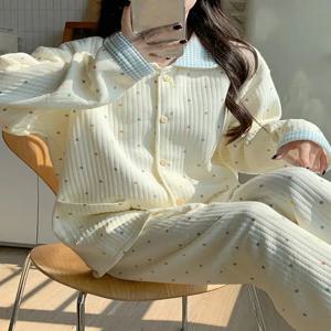 여성을위한 두꺼운 면화 패딩 잠옷 세트 가을 겨울 느슨한 폴카 도트 긴 소매 에어 코튼 홈 의류 따뜻함