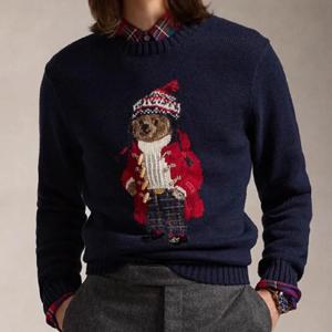 2025 새로운 남성 여성 가을, 겨울 크리스마스 스웨터 자수 RL 베어 긴 소매 니트 풀오버 커플 코튼 점퍼