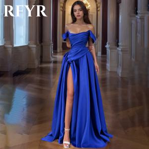 RFYR 네이비 A 라인 이브닝 드레스, 스플릿 플리츠 오프 숄더 스쿱 프릴 무도회 가운, 맞춤형 플리츠 스윕 트레인