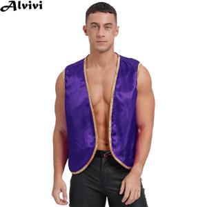 남성용 반짝이는 골드 트림 얼룩 조끼, 할로윈 테마 파티 조끼, 카니발 두꺼비 아라비아 왕자 인도 코스프레 공연 코스튬