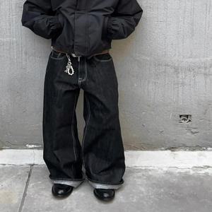 아메리칸 바이브 레트로 로우 데님 와이드 레그 스트레이트 컷 루즈 핏 남성용 청바지 딥 블루 청바지 청소년 캐주얼 웨어 사계절용