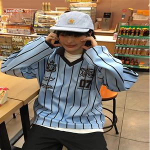 미국 레트로 컬러 블록 폴로넥 스웨트셔츠 여성용 루즈핏 V넥 긴팔 스포티 탑 편안한 면 혼방 크루넥 스웨트셔츠