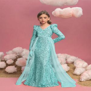 V 넥 녹색 긴 소매 반짝 이는 바닥에서 천장까지 소녀 생일 파티 이브닝 ​​드레스 소녀 꽃 소녀 드레스 캔디 컬러 드레스