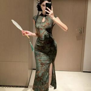 중국어 qipao 드레스 빈티지 녹색 꽃 bodycon cheongsam 섹시한 개선 된 중국어 드레스 여성 vestidos 저녁 파티 드레스