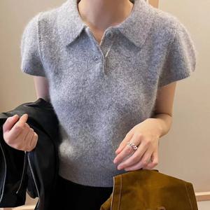 여성용 시크 폴로넥 니트 스웨터 심플하고 스타일리쉬한 반팔 봄 신상 베이직 만능 캐주얼 패션 탑