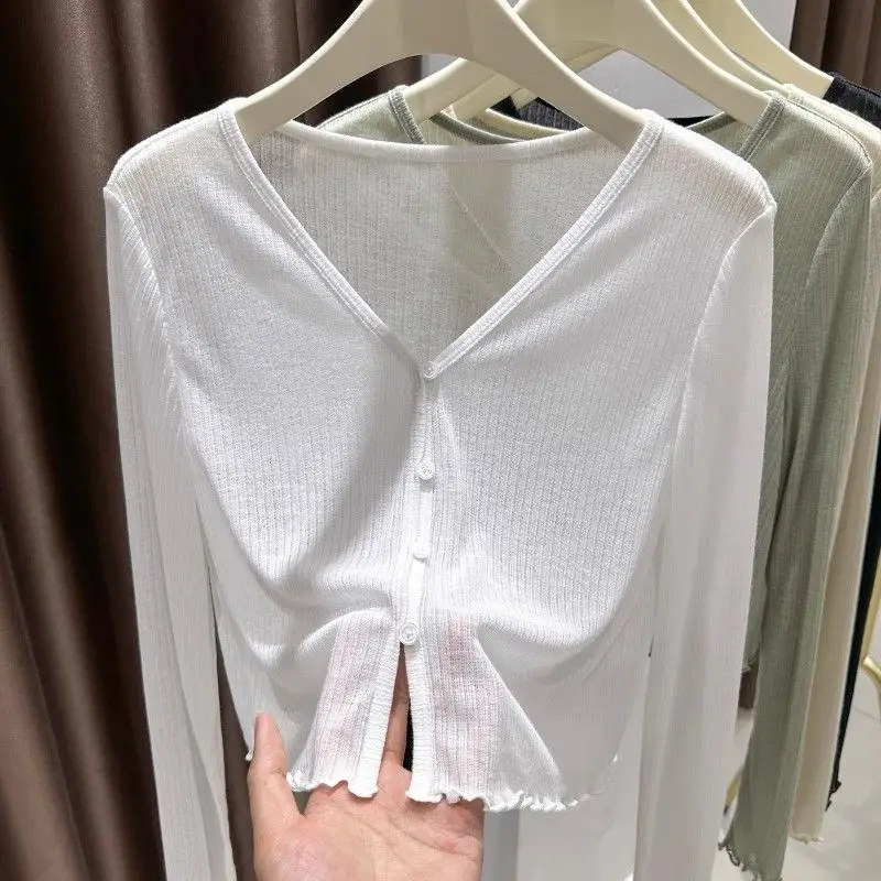 플러스 사이즈 아이스 실크 얇은 자외선 차단 가디건 여성용 여름 반팔 아우터 우드 그레인 엣지 봄 가을 아우터 셔츠