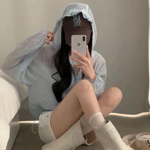 여름 프레쉬 물방울 무늬 긴팔 숏 탑햇 자외선 차단 셔츠 여성용 면 00% 셔츠 캐주얼 패션 여름 2025