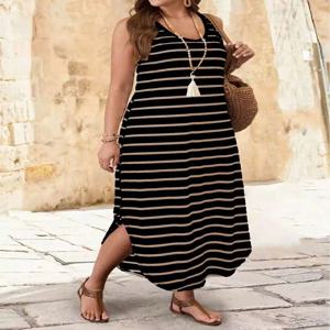 여성용 민소매 스트라이프 니트 드레스, 루즈핏 롱 스커트, 슬릿 라운드넥, 2025 여름 신상 슬림핏 만능 베스트