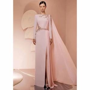 여성용 맞춤형 핑크 웨딩 게스트 드레스, 긴 소매, 컬럼형 정장 파티 가운, 사이드 슬릿, 비딩, O넥 이브닝 드레스